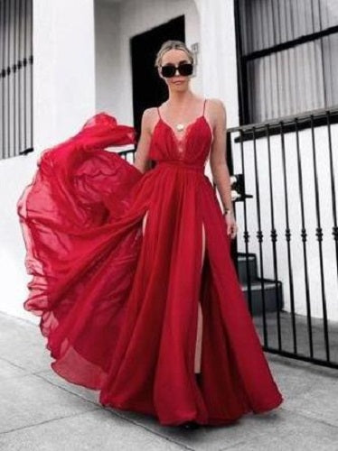 Flowy Red Sexy Prom Dress with Plunge V neck