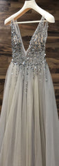 Feminine Plunge V neck See Through Tulle Grey Prom Dress ,GDC1207-Dolly Gown