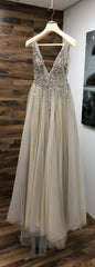 Feminine Plunge V neck See Through Tulle Grey Prom Dress ,GDC1207-Dolly Gown