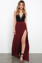 Floor Length Burgundy Prom Dress with Slit, Semi-formal Dress with Black Lace Top,GDC1343-Dolly Gown