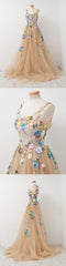 Floral Champagne Tulle FLowy Prom Dress - DollyGown