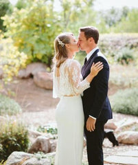 Flowy Boho Lace Crop Top Mermaid Chiffon Skirt Two Piece Wedding Dress Bridal Separates,20082339-Dolly Gown