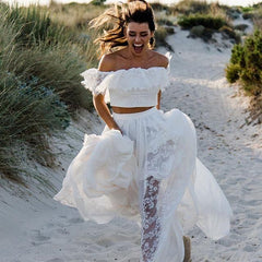 Flowy Boho Lace Two Piece Beach Wedding Dress - DollyGown