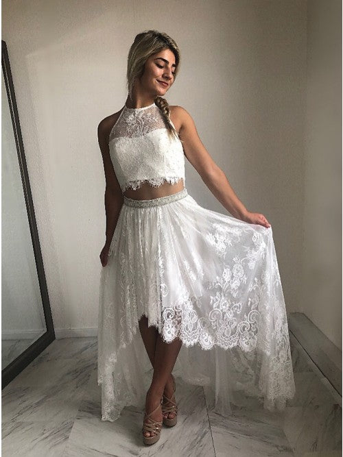 Flowy Halter Lace Crop Top Boho Beach Two Piece Wedding Dress | Casual  Wedding Skirt and Top