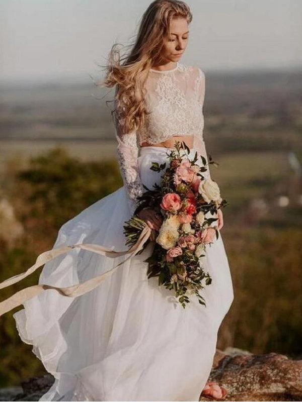 Flowy Summer Casual Two Piece Long Sleeved Lace TOP Wedding Dress with Chiffon Skirt,20082213-Dolly Gown