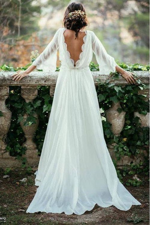 Summer Flowy Boho A-line V back Chiffon Long Sleeve Wedding Dress