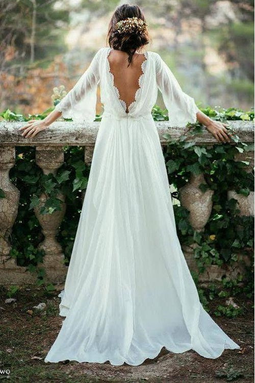 Summer Flowy Boho A-line V back Chiffon Long Sleeve Wedding Dress with Sleeves,GDC1060