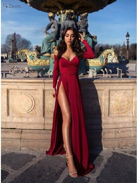 Glamour Red Long Sleeves Side Slit Dress,Special Occasion