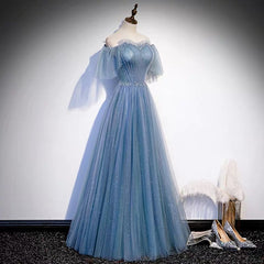 Glitter Fairytale Tulle Dusty Blue Prom Dress -DollyGown