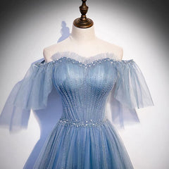 Glitter Fairytale Tulle Dusty Blue Prom Dress -DollyGown