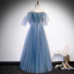 Glitter Fairytale Tulle Dusty Blue Prom Dress -DollyGown