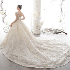 Glitter Light Champagne Plunge V Neck Sleeveless Ball Gown Wedding Dress #21011209-Dolly Gown