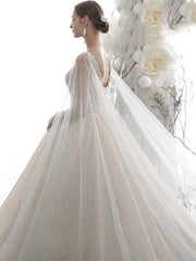 Glitter Light Champagne Plunge V Neck Sleeveless Ball Gown Wedding Dress #21011209-Dolly Gown