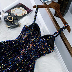 Glitter Navy Blue Sequin Short Prom Dress - DollyGown