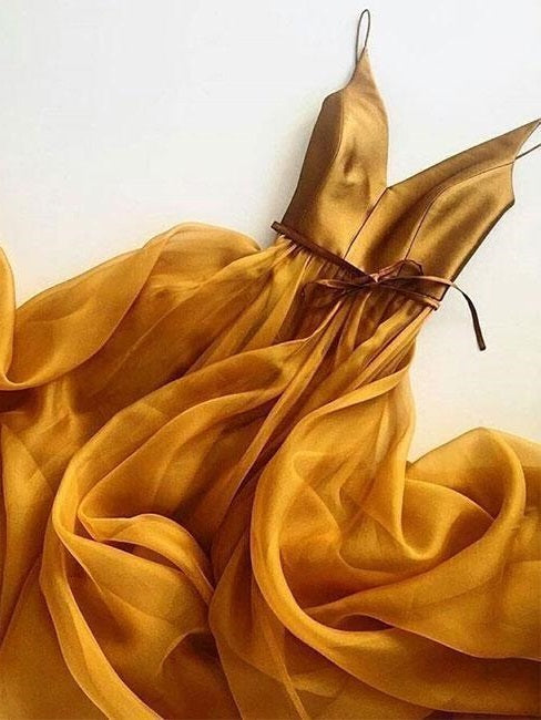 Gold Prom Dress Long Organza Spaghetti Straps Party Evening Dress Gold Prom Dress Long Organza Spaghetti Straps Party Evening Dress