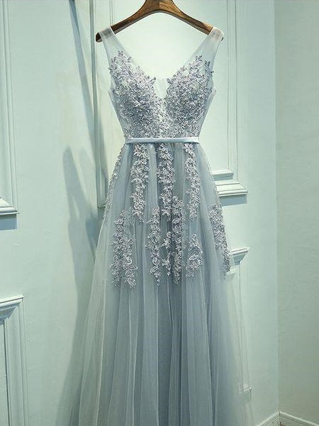 Grey Prom Dress,Long V-Neck A line Lace Tulle Cheap Prom Dress,Evening Dress,201707204-Dolly Gown