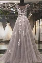 Grey Jewel Neck Cap Sleeves A-line Prom Dress,Robe de Bal,GDC1338-Dolly Gown