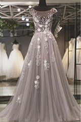 Grey Jewel Neck Cap Sleeves A-line Prom Dress,Robe de Bal,GDC1338-Dolly Gown