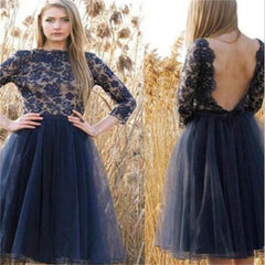 Modest Short Homecoming Dress Navy Blue Homecoming Dress Long Sleeve Homecoming Dress SSD017-Dolly Gown