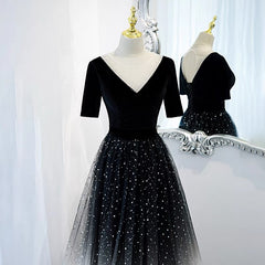 Half Sleeves Gradient Black Prom Dress -DollyGown