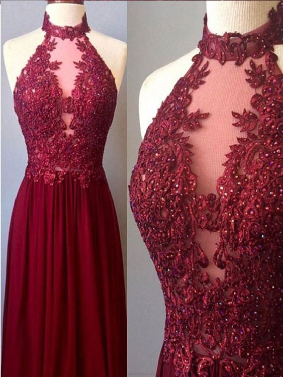 Halter Chiffon Lace A-line Long Maroon Prom Dress Burgundy Evening Dress