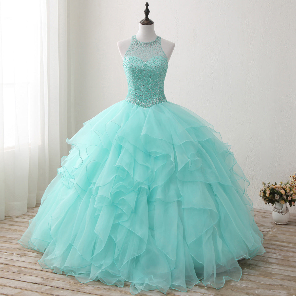 Halter Neck Open Back Mint Quinceanera Dresses Mexican Ball Gown Prom Dress #21011217-Dolly Gown