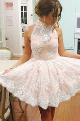 Halter Neck Pearl Pink Short Lace Wedding Dress Short Lace Prom Dress WS053-Dolly Gown