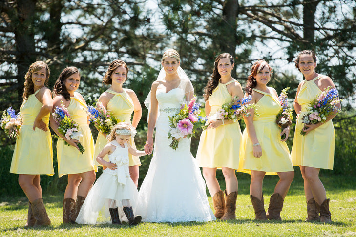 Halter Yellow Mini Short Length Satin Rustic Country Bridesmaid Dresses  with Cowboy Boots