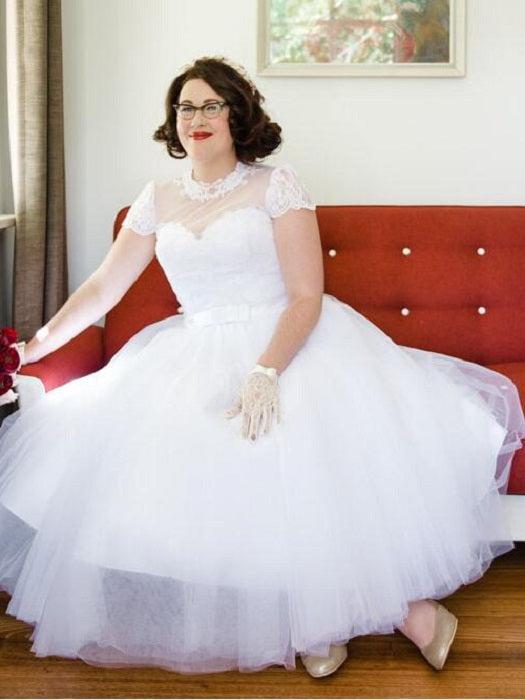 High Neck Modest Cap Tea Length 1950s Style Lace Wedding Dress Plus Size,20102819