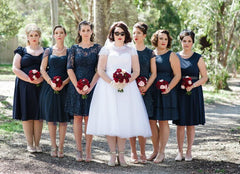 High Neck Modest Cap Sleeves Tea Length 1950s Style Lace Wedding Dress Plus Size,20102819-Dolly Gown