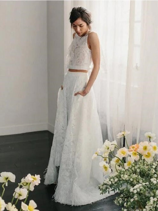 Lace Halter Stylish Two Piece Wedding Dress with Pockets