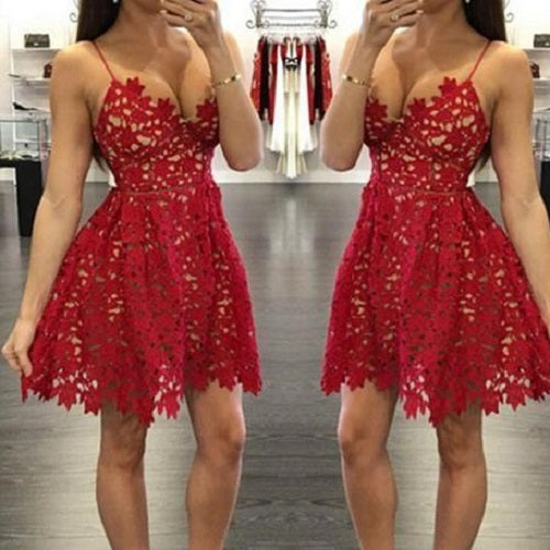 V Neck Red Lace Prom Dresses, Red Lace Formal Graduation Dresses