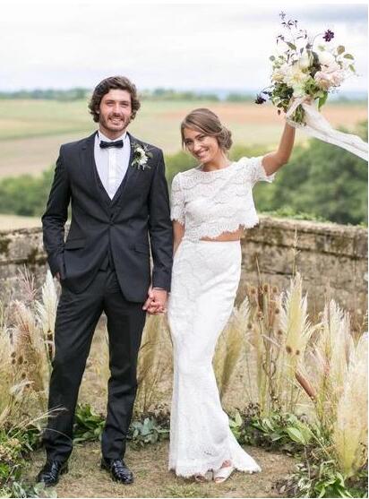 Lace Rustic Two Piece Cap Sleeves Mermaid Bridal Separates,Crop Top Wedding Dress,20082219-Dolly Gown