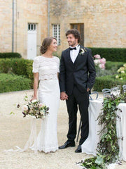 Lace Rustic Two Piece Cap Sleeves Mermaid Bridal Separates,Crop Top Wedding Dress,20082219-Dolly Gown