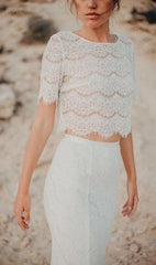 Lace Rustic Two Piece Cap Sleeves Mermaid Bridal Separates,Crop Top Wedding Dress,20082219-Dolly Gown