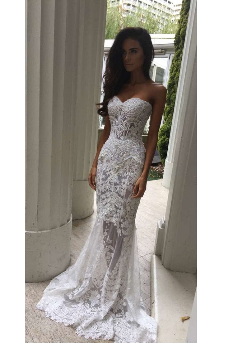 Elegant Lace See Through Strapless Mermaid Sheer Wedding Dress