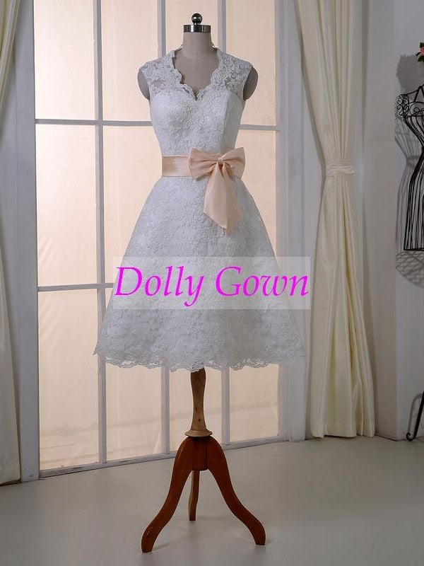 Lace Knee Length Short Wedding Dress with Open Back,Short Lace Bridal Gown,DO005-Dolly Gown