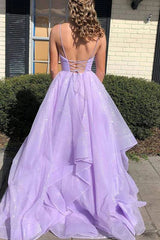 Lavender Ruffles Backless Poofy Prom Dress - DollyGown