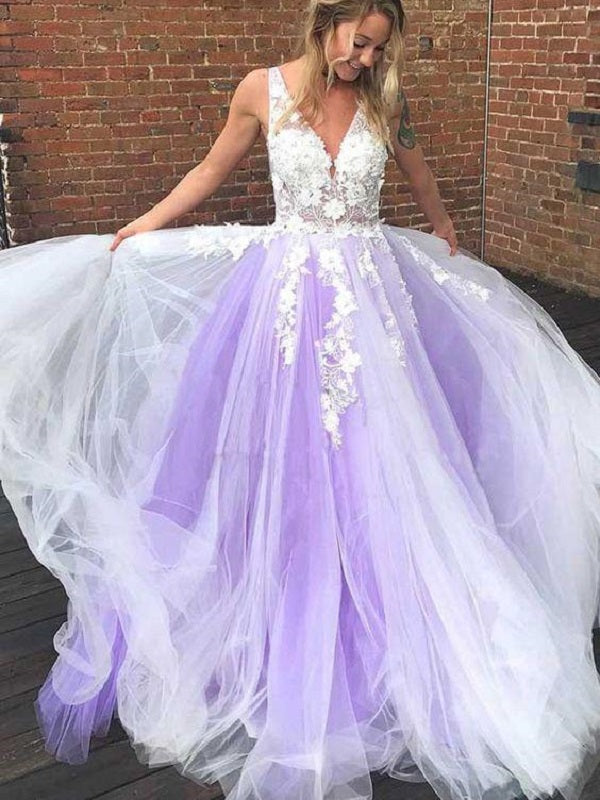 Lavender Tulle Princess Plunge V neck Formal Dress Puffy Prom Dress