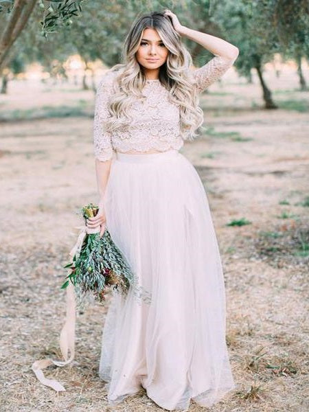 Long Sleeve Lace Two Piece Wedding Dress Tulle Skirt Bridal Separates Long Sleeve Top,20082202-Dolly Gown