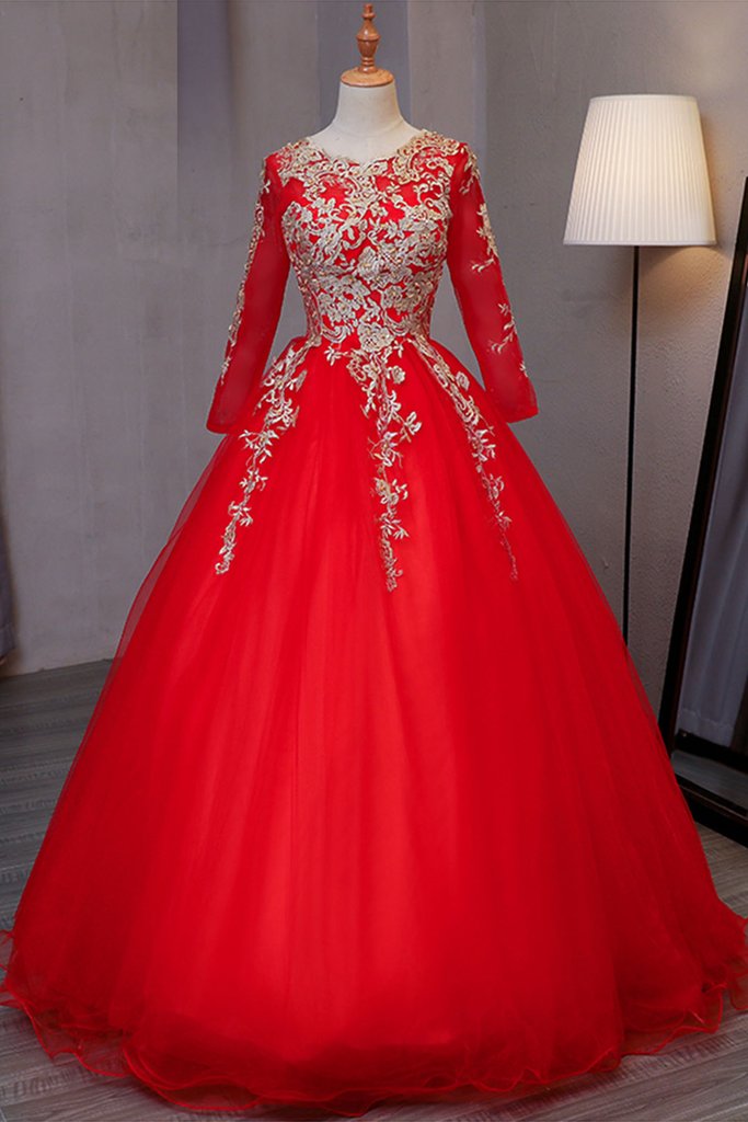 Long Sleeve Red Puffy Sweet 15 Dress Quinceanera Dress - DollyGown