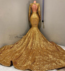 Long Sleeved Gold Sequins Prom Dress for Curvy Black Girls - DollyGown