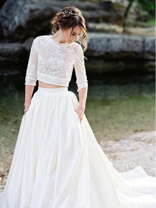 Long Sleeve High Neck Lace Two Piece Wedding Dress Crop Top Wedding Dress