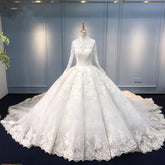 Luxury Muslim Modest Long Sleeve Lace Ball Gown Wedding Dress with Long Train #21011215-Dolly Gown