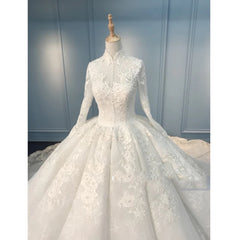 Luxury Muslim Modest Long Sleeve Lace Ball Gown Wedding Dress with Long Train #21011215-Dolly Gown