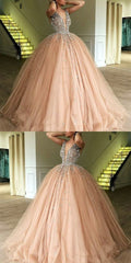 Luxury Ball Gown Champagne Tulle Dazzling Top Plunge V neck Prom Dress GDC1188-Dolly Gown