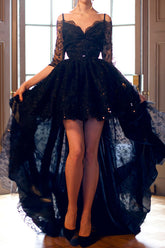 Hi-Lo Prom Dress,Black Prom Dress,Prom Dress with Sleeves,Robe De Cocktail,MA034-Dolly Gown