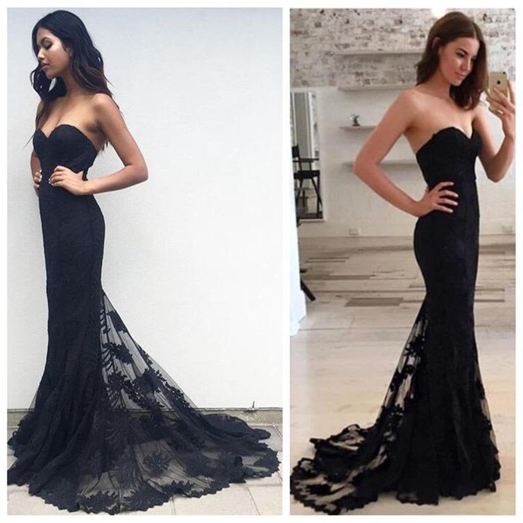 Mermaid Black Lace Long Prom Dress, Strapless Mermaid Black Formal