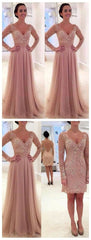 Dusty Pink Prom Dress, Prom Dress With Detachable Train, Long Sleeve Prom Dress ,Long Prom Dress,MA078-Dolly Gown