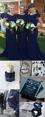 Mermaid Navy Bridesmaid Dresses Cap Sleeves Long Bridesmaid Dresses Simple Bridesmaid Dress MA081-Dolly Gown